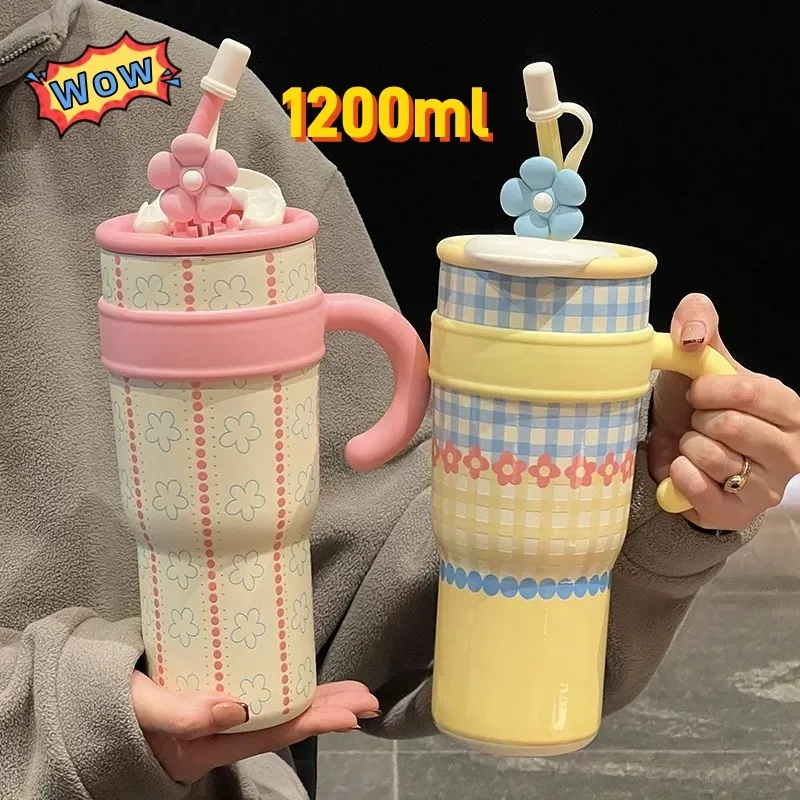 New Tumbler Aesthetic 316 keramik Stainless Botol 1200ml Tumbler Lucu BPA Free  Botol Minum Anak Panas dingin Botol dengan sedotan Cangkir termos mobil