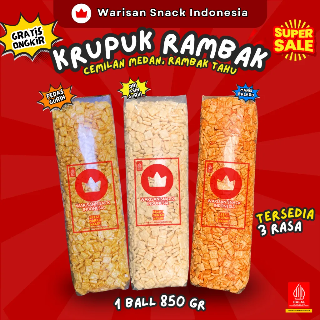(1 BALL) KERUPUK RAMBAK TAHU KOTAK CAMILAN MEDAN WARISAN SNACK INDONESIA (850gr), Makanan ringan Krupuk Cemilan Murah halal pedas daun jeruk