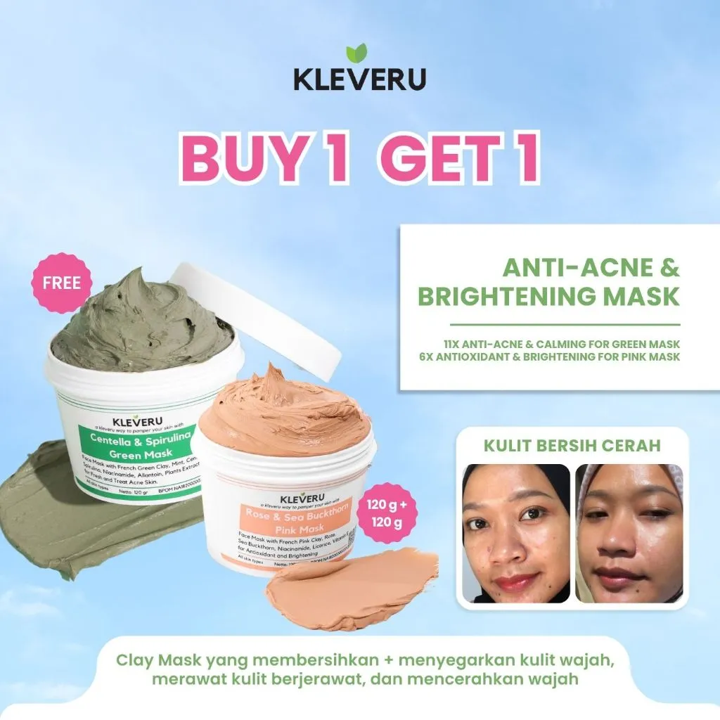 BUY 1 GET 1 KLEVERU Centella and Spirulina Green Mask FREE Rose and Sea Buckthorn Pink Clay Mask