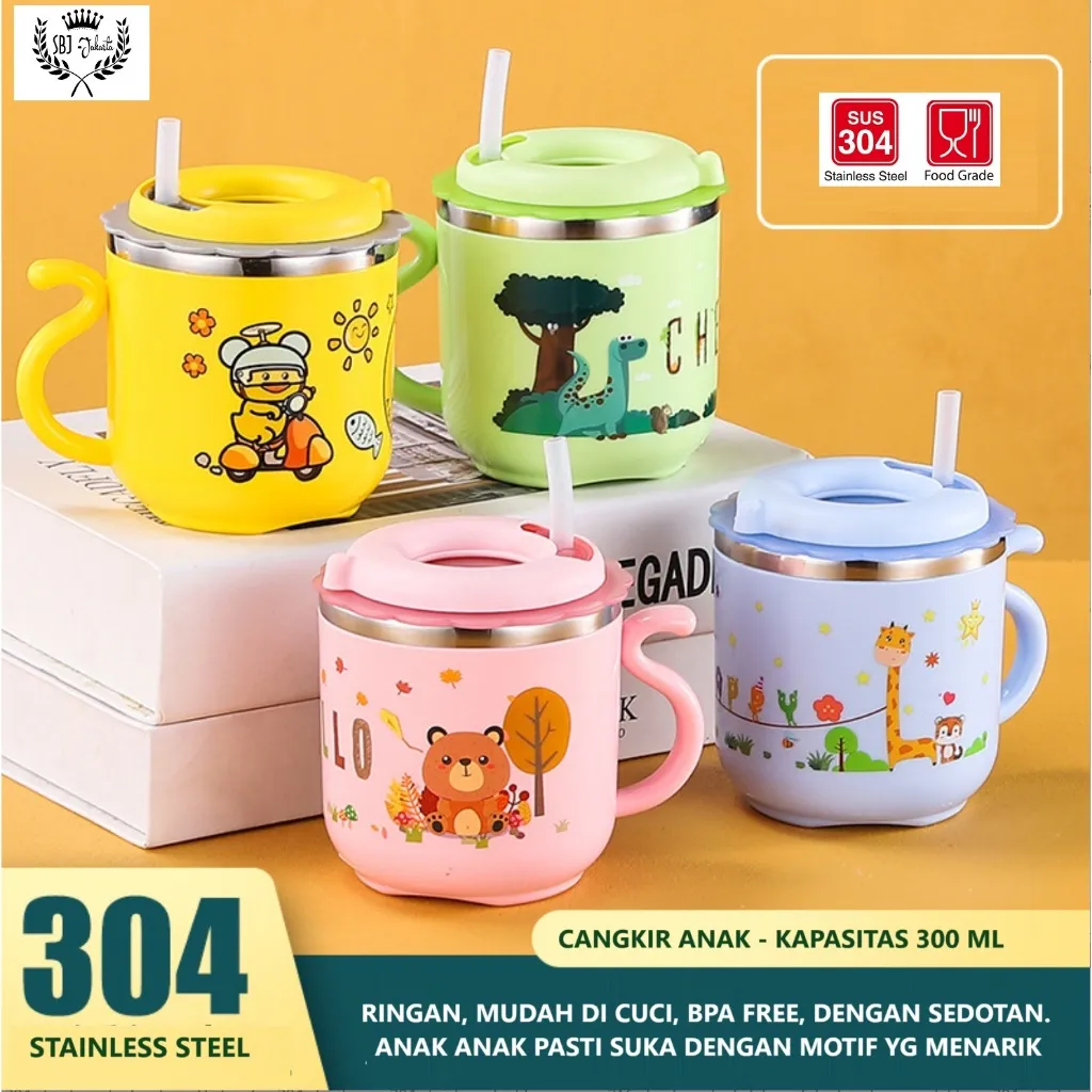 Cangkir Mug gelas Anak Stainless steel 304 SUS Children cup dgn sedotan - 300 ml