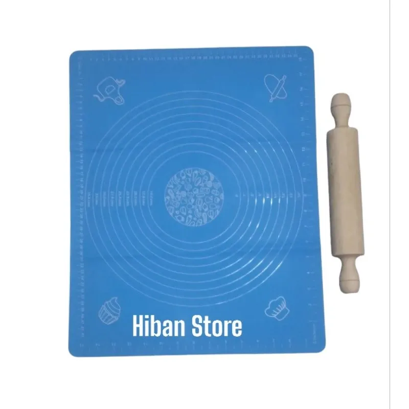 1 Set Silmat Alas Adonan Silikon & Rolpin Kayu / Alas Adonan Kue Bahan Silicon Ukuran 50x40 Cm Dan Roling pin