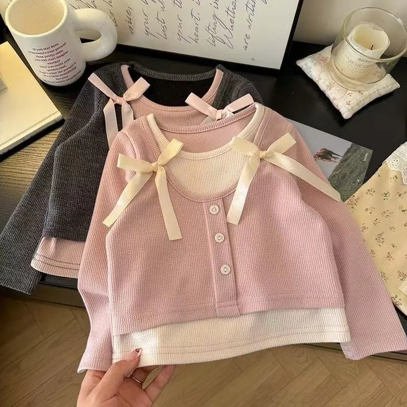 [PRINCESS KESLI] 2-11 Tahun 2025 Musim Semi Baru Gadis Manis Palsu Dua potong Kemeja Bawahan Pita Simpul T-shirt Lucu Elastis