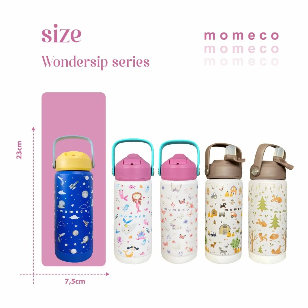 MOMECO stainless steel wondersip collection double wall bottle/vacuum flask/termos botol anak 600ml with handle and straw sedotan silikon antipecah