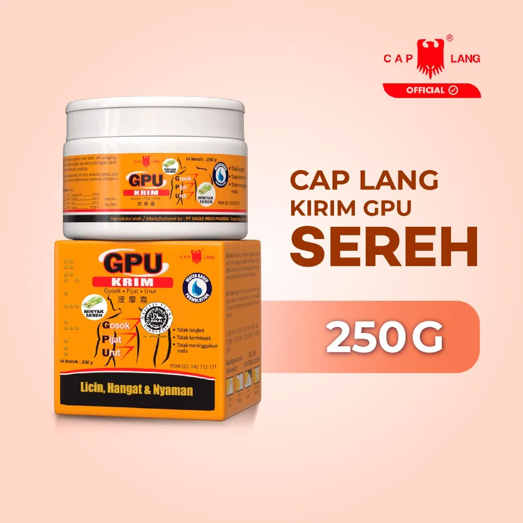 CAP LANG - GPU Krim Gosok Pijat Urut SEREH 250g - Menghilangkan Kelelahan & Memar