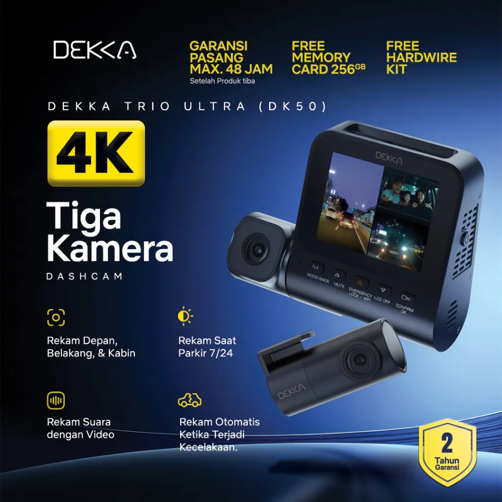 DEKKA DK50 Dashcam Mobil 4K 3 Kamera Depan Belakang Kabin Sony Starvis 2 Wifi 6 GPS Gratis Pasang