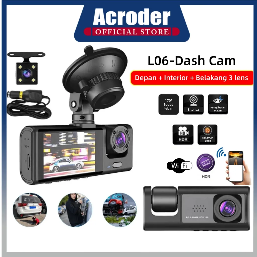 Acroder Dashcam Mobil WIFI 3 Cameras Full HD 1080P Perekaman Loop 24 Jam Pemantauan Parkir