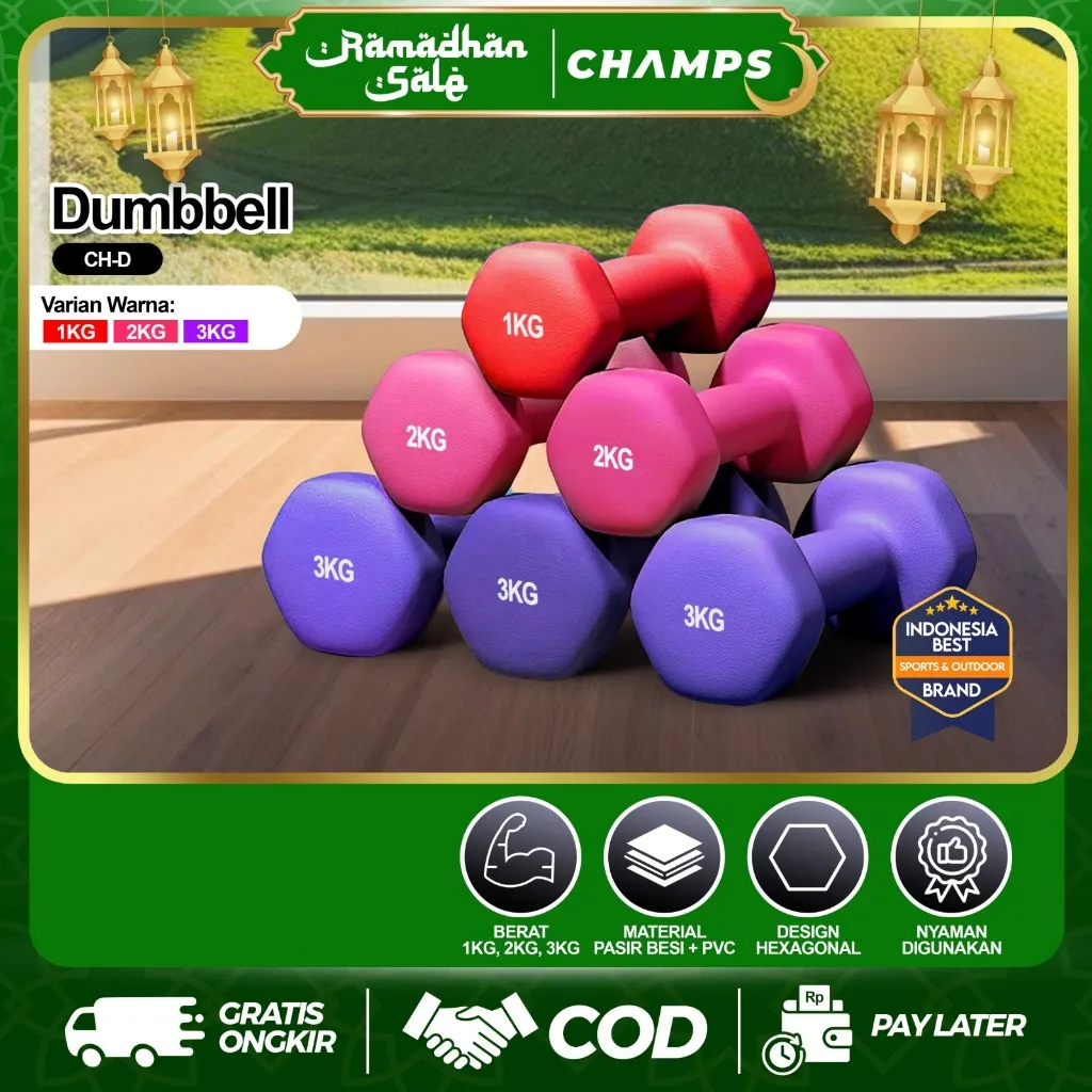 CHAMPS Dumbbell Neoprene PVC 1-3KG – Barbel Fitness Anti Slip, Alat Gym Rumah Murah Pemula