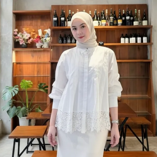 eLgallery - Blouse Putih Wanita Elegan Lengan Panjang – Atasan Kantor Casual Brokat Jema Basic
