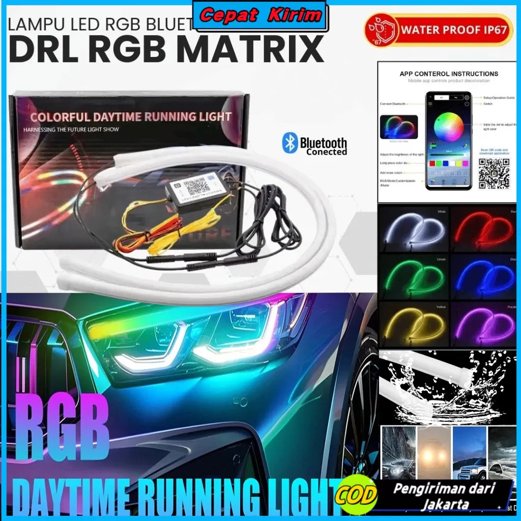 LAMPU ALIS RGB UNIVERSAL MOTOR MOBIL - Lampu DRL RGB Bluetooth 60CM - Strip Fleksibel, Sein Running, 12-24V | Garansi 3 Tahun,Dekorasi lampu LED, aksesori mobil DIY