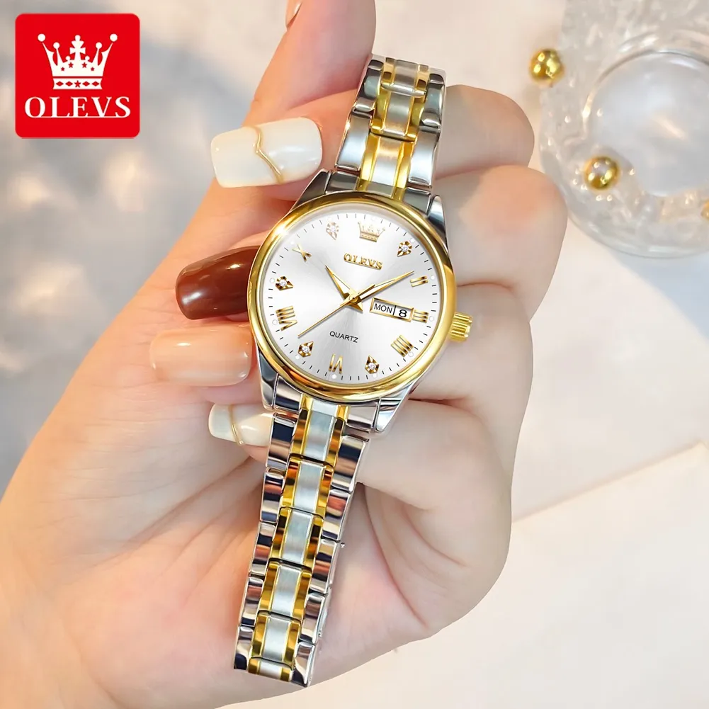 OLEVS Jam Tangan Wanita Anti Air Original Cewek Kalender Bercahaya Luminous Stainless Steel Analog Women Watch Set Model 5563