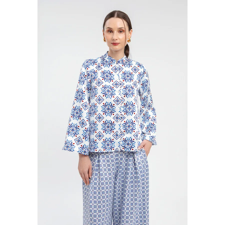 MINIMAL - Karina - Blus Lengan Lebar Wanita Motif Geometris - Blue