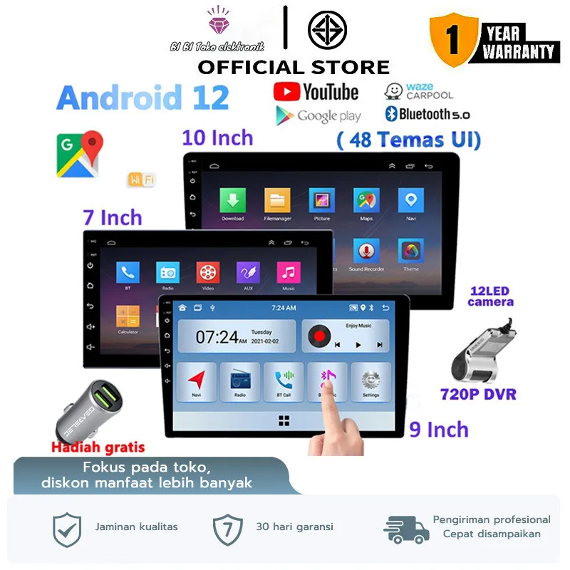 MONQiQi Gps Navigasi Mobil Layar Ips 2Din 9inci 2+32G / 4 GB RAM 32 GB Android 12 Mobil Radio Stereo HD 1080P 2.5D Kaca Antigores Mobil 10.1 '' MP5 Player dengan Bluetooth/head unit android car play