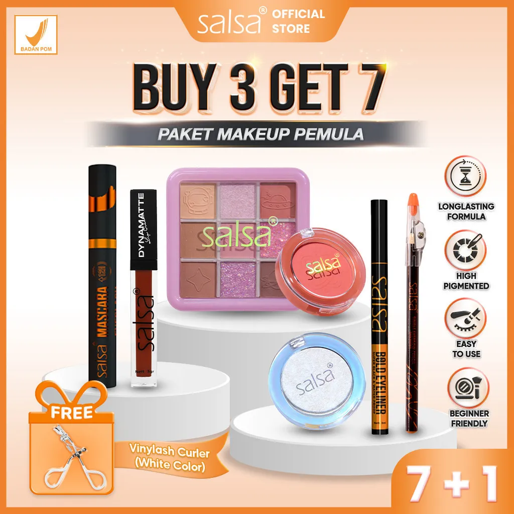 [BUY 3 GET 7 Free Vinylash Curler] SALSA Paket Makeup Pemula - Dynamatte Lip Cream | Galaxy Eyeshadow | Blush On | Highlighter | Bold Eyeliner | Everlash Mascara | Eyebrow Pencil