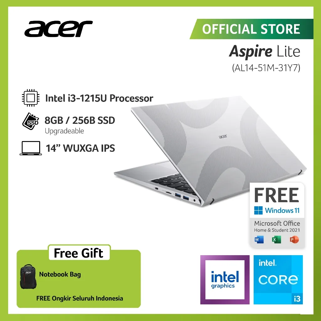 ACER LAPTOP ASPIRE LITE AL14-51M-31Y7 14" WUXGA IPS INTEL CORE I3-1215U RAM 8GB STORAGE 256GB SSD INTEL UHD GRAPHICS WINDOWS 11