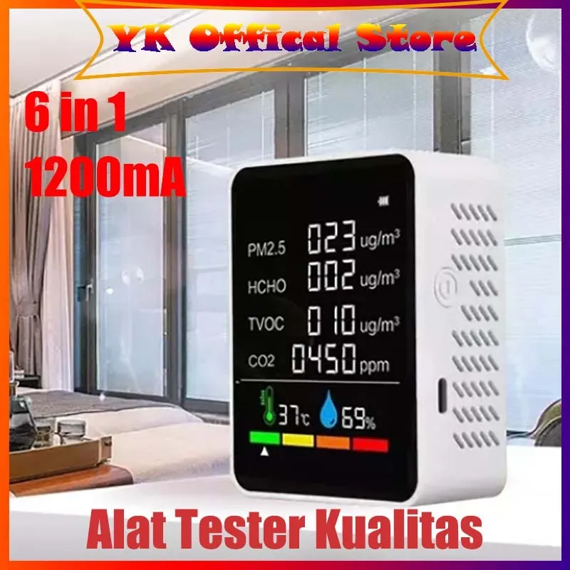 Alat Tester Kualitas Udara Air Quality Detector 6 in 1 kelembaban Suhu CO2 TVOC HCHO Lcd Monitor Tampilan Layar Besar Portable Rumah Kantor Hotel Deskto