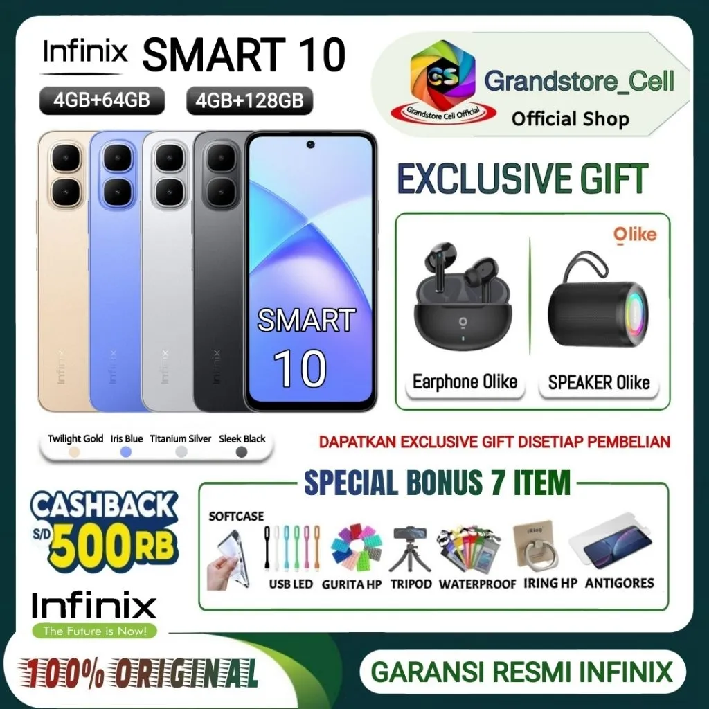 INFINIX SMART 10 (4GB+64GB) - (4GB+128GB) Up to 8GB Extended RAM - GARANSI RESMI INFINIX INDONESIA