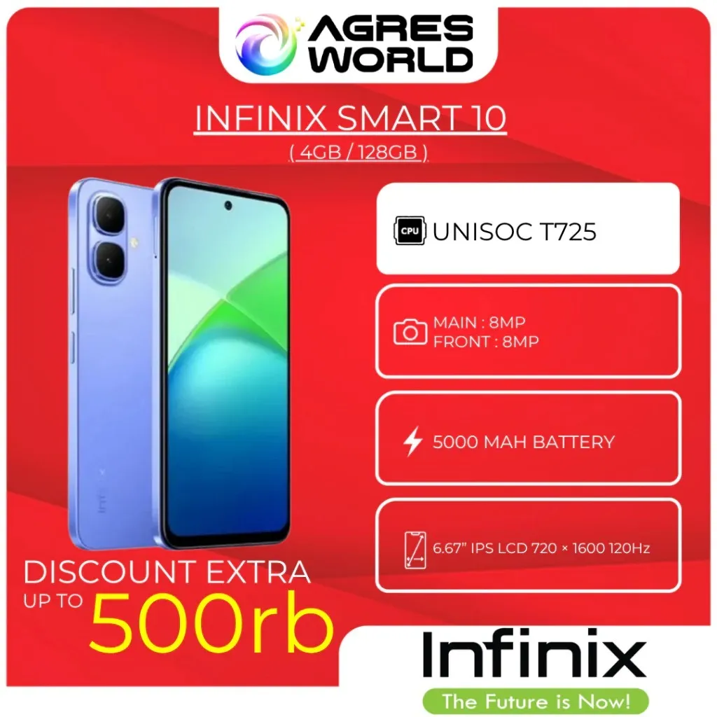 INFINIX Smart 10 4/128GB - Up to 8GB Extended RAM - 6.7 inch 120Hz Punch Hole Display - UNISOC T725 - 5000 mAh - GARANSI RESMI