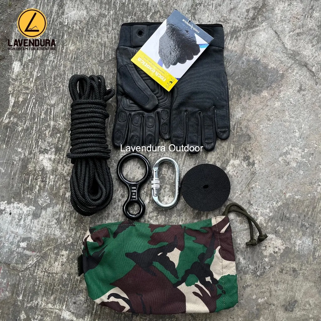 REPLING SET KOMPLIT Paket Rappeling 13 Reppeling SRT Single Rope Technique perlengkapan caving climbing outdoor safety rope acces safety caving susur goa carabiner carabinner ascender helm doff tali jiwa jatah tni jatah pembagian