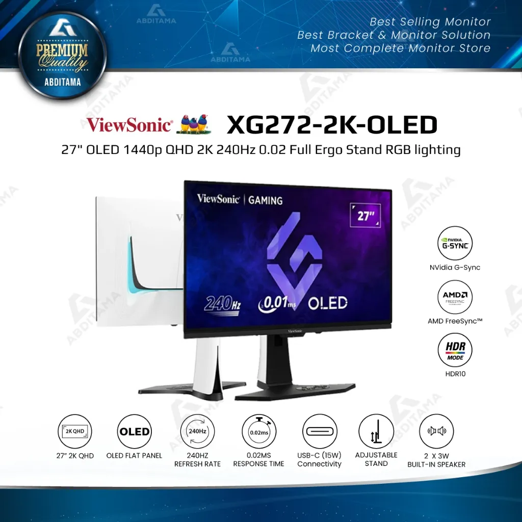 VIEWSONIC XG272-2K-OLED 27 OLED QHD 240Hz 0.02ms HDMI 2.1x2 DPx2 USB-Cx1 Speaker Ergo HDR FreeSync