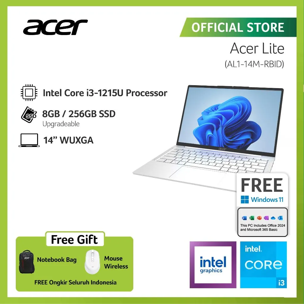 ACER LAPTOP LITE AL1-14M-RBID/AL1-14M-RSID 14" WUXGA INTEL I3-1215U RAM 8GB STORAGE 256GB SSD INTEL UHD GRAPHICS WINDOWS 11