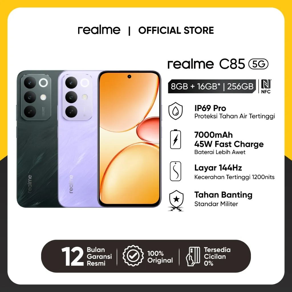realme C85 5G 8GB+16GB*|256GB (7000mAh Baterai 45W Fast Charge | IP69 Pro Proteksi Tahan Air Tertinggi | Layar Terang Maksimal 1200nits | Military-Grade Shock Resistance)