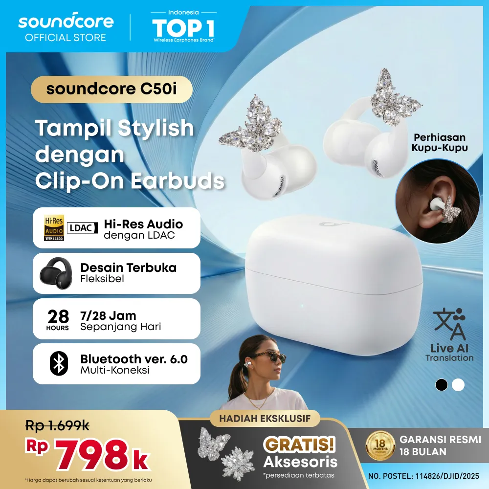 Soundcore C50i by Anker, Open-Ear Headphones, Clip-On Earbuds, Ultra-Comfort, FlexiClip Design, 12mm Drivers for Powerful Bass, AI Clear Calls, 28H Playtime, Secure Fit, Hi-Res, IP55, Bluetooth 6.0 - D1101