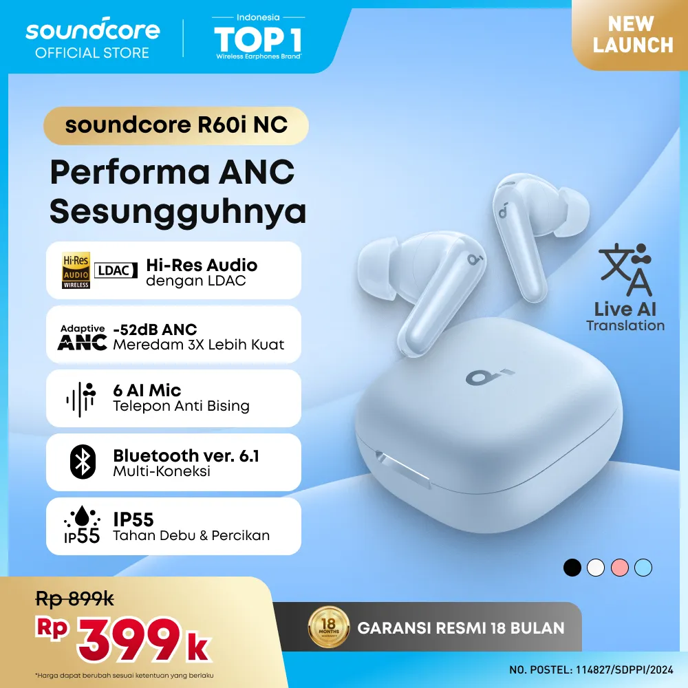 Soundcore R60i NC (R50i NC Upgrade) by Anker, Real-Time Adaptive Noise Cancellation, Hi-Res Sound, AI Translation Earbuds, 50H Playtime, Wireless Earbuds, Bluetooth Earphones, Spatial Audio, Fast Charging, IP55 - D1202