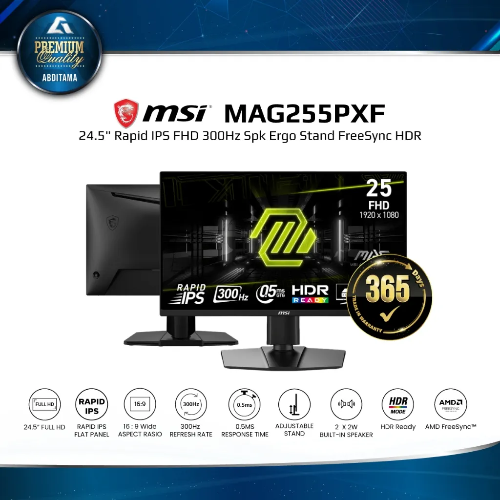 Monitor LED MSI MAG 255PXF MAG255PXF 24.5" Rapid IPS FHD 1080p 300Hz 0.5ms HDMI 2.0bx2 DP1.4ax1