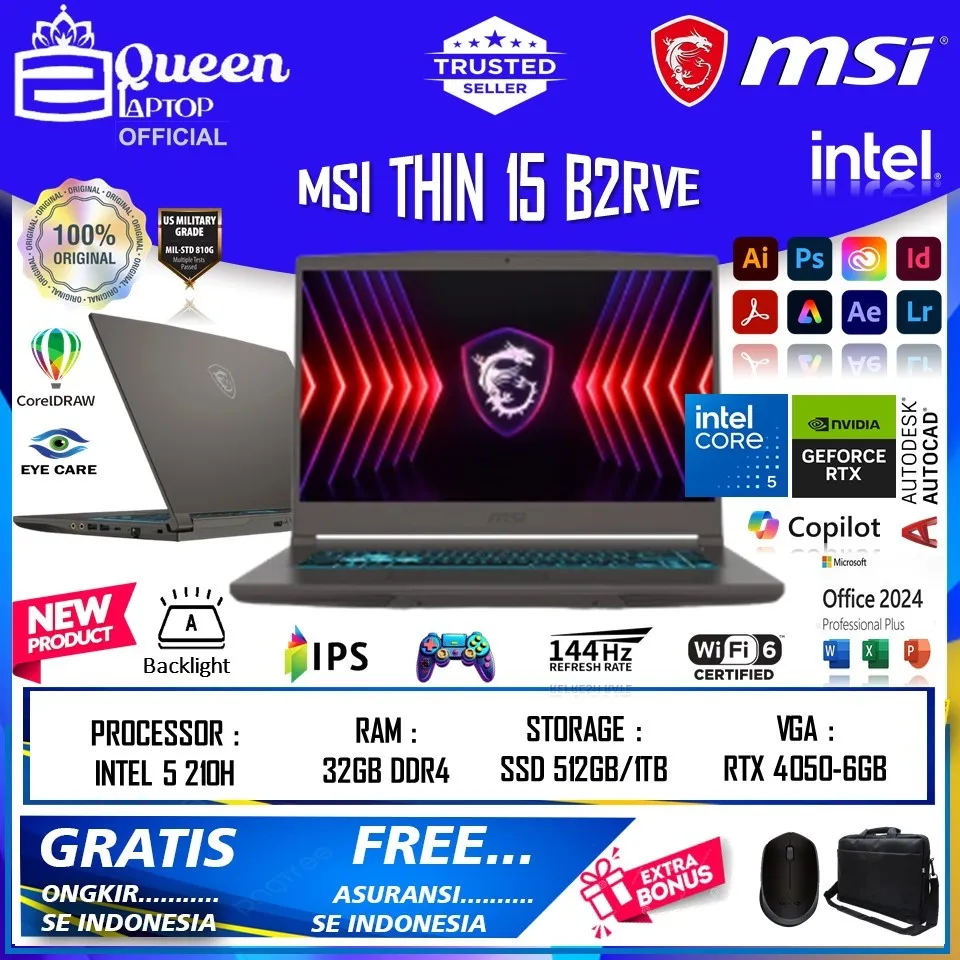 Laptop Gaming MSI THIN 15 B2RVE INTEL 5 210H 16GB 1TB RTX4050 FHD IPS 144HZ BL WIN11HOME Original