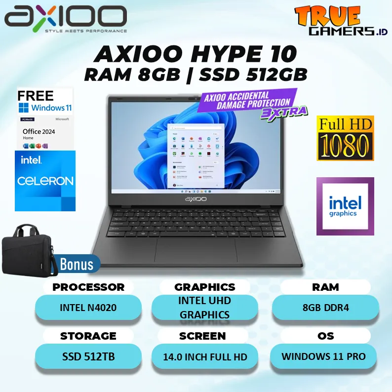 LAPTOP AXIOO HYPE 10 N4020 8GB 512GB SSD / CINTA PRODUK INDONESIA
