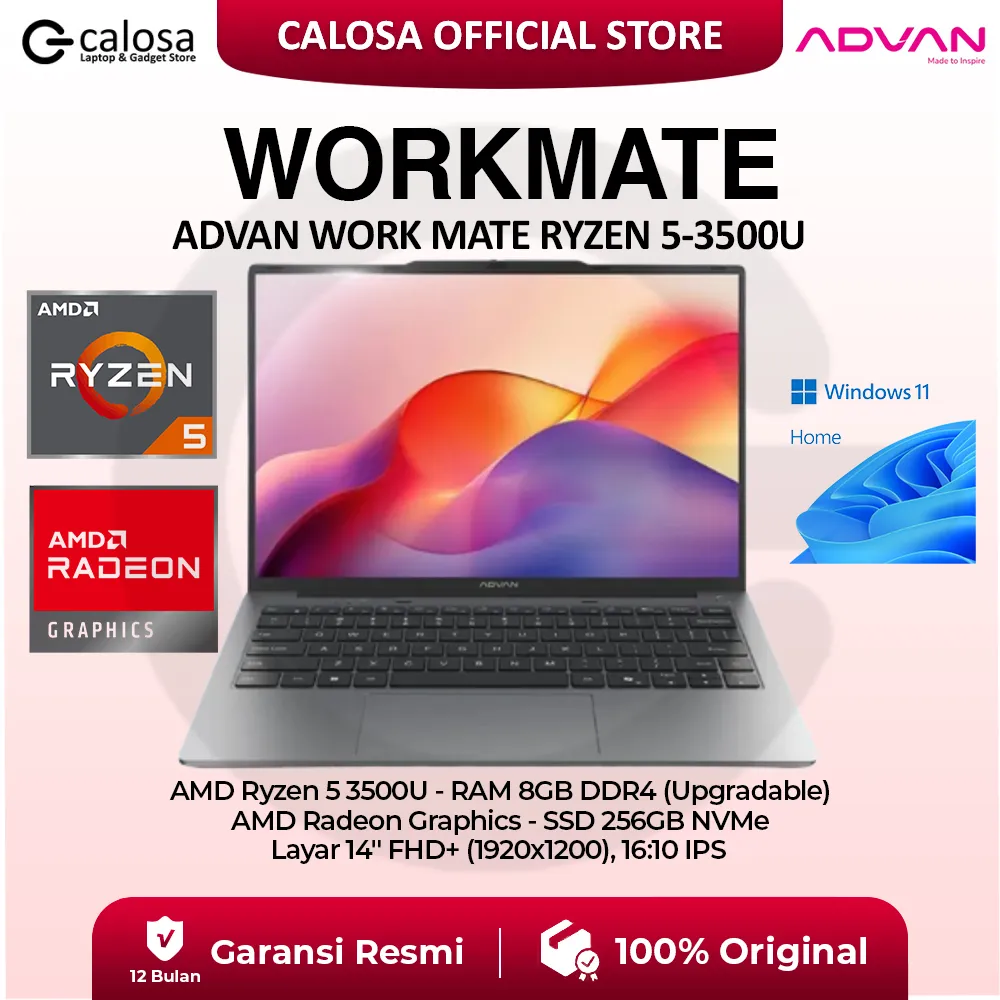 Advan Workmate Ryzen 5 3500U 32GB / 16GB / 8GB RAM SSD 256GB 14inch FHD IPS Windows 11 | advan work mate Laptop Terbaik Sekolah SD SMP SMA Kuliah Desain Garansi Resmi 1 Tahun