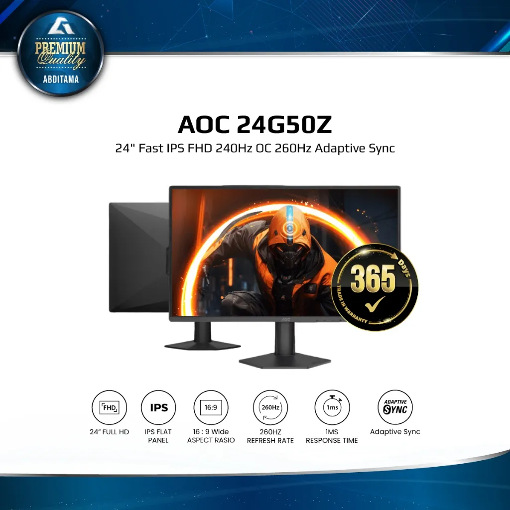AOC 24G50Z 24" Fast IPS FHD 1080p 260Hz OC 1ms 107% sRGB HDMI2.0x1 DP1.4x1 Adaptive Sync