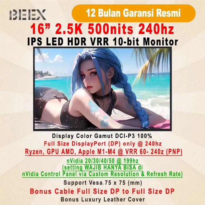 Portable Monitor BeeX 16" Premium 2.5K 2560 x 1600 240hz DisplayPort (DP) Only