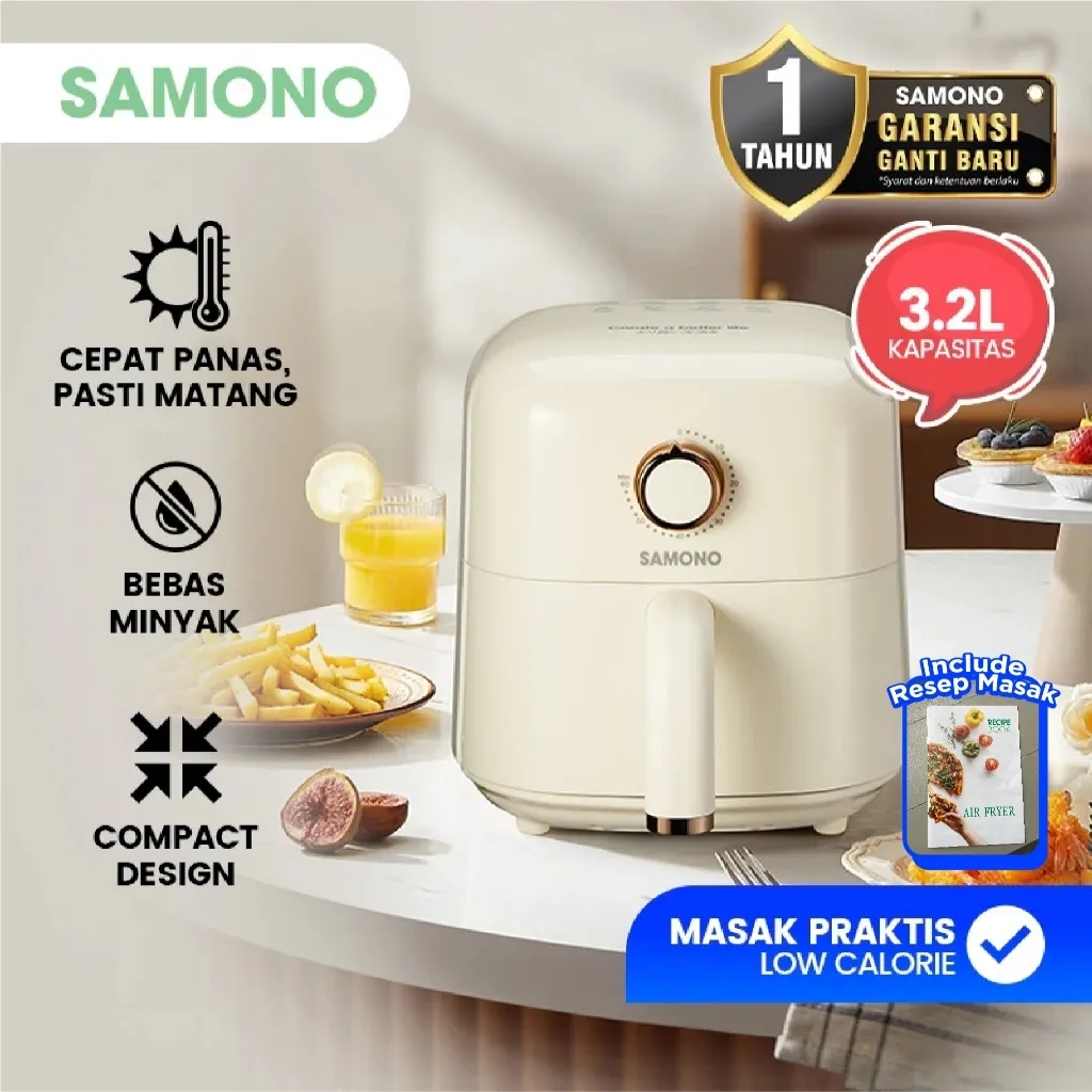 SAMONO Air Fryer Compact 3.2 Liter Airfryer Murah Berkualitas Mesin Goreng Tanpa Minyak Watt Rendah 600 Watt Pemanas Merata Healthy Fryer 3.2L Lapisan Anti Lengket Timer Otomatis Hitam Putih Modern Aesthetic AFW32