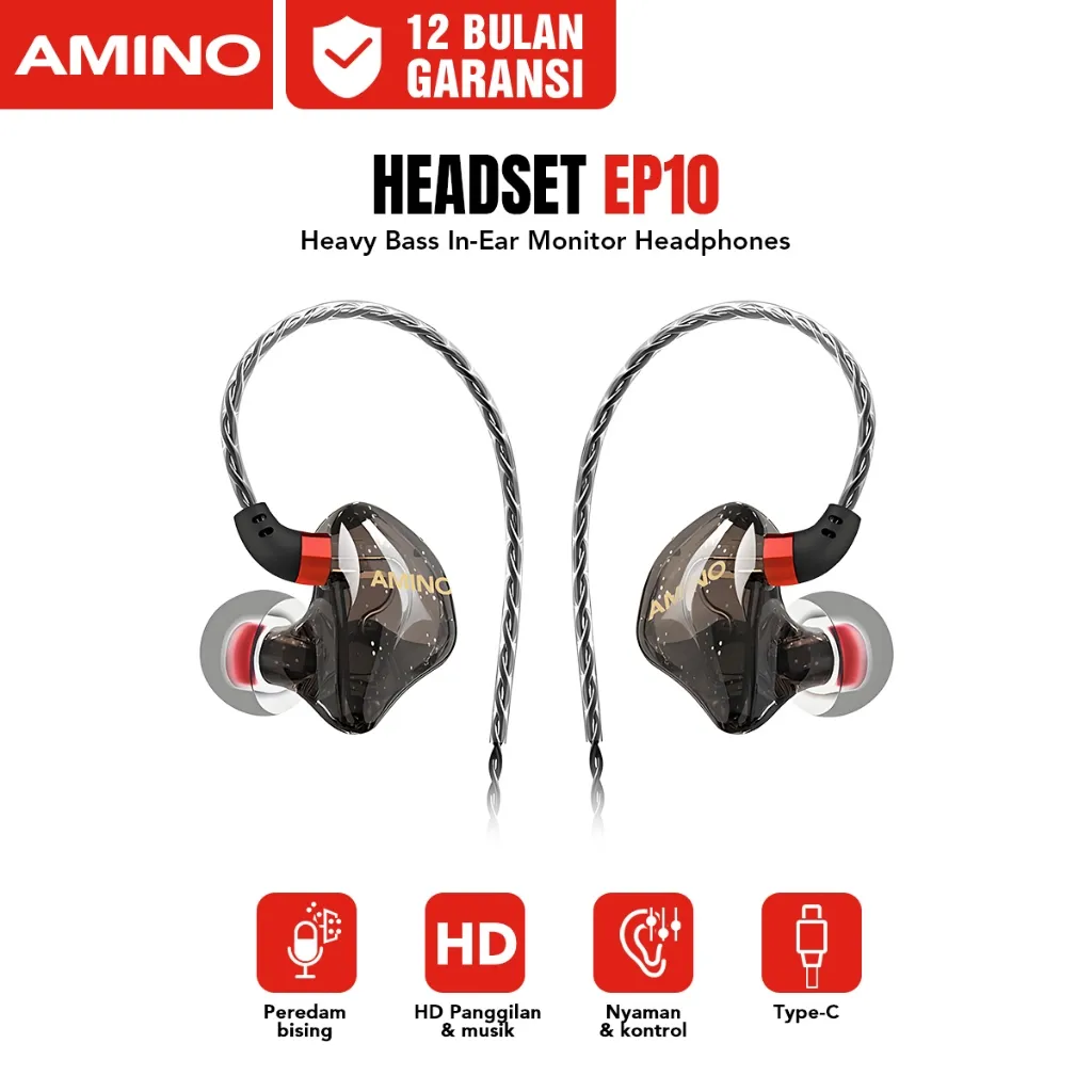 AMINO Headset Heavy Bass In-Ear Monitor TYPE-C Jack Microphone Headset Bass In Ear Stereo Android Untuk Iphone 15 Pro Max 16 Pro Max xiaomi oppo samsung vivo infinix EP10