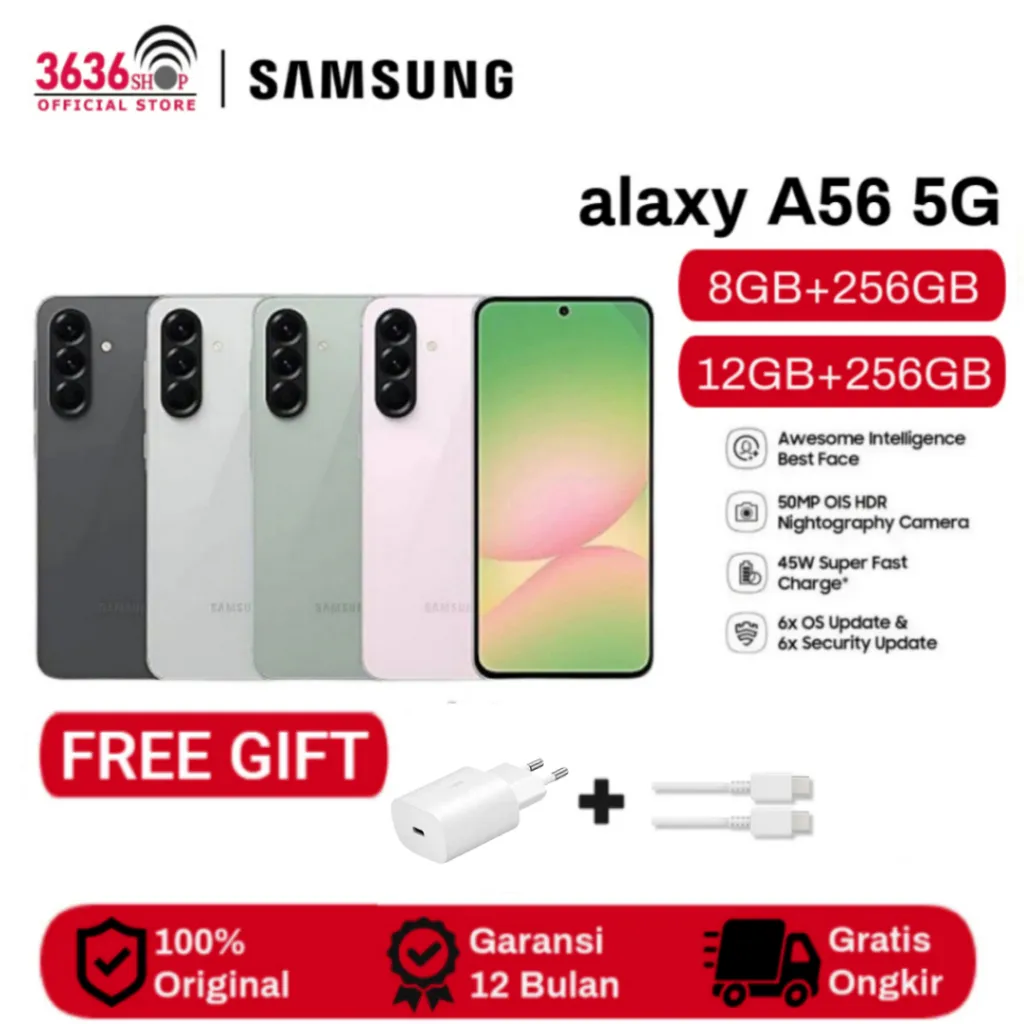 Samsung Galaxy A56 5G 12/256GB | 8/256GB Galaxy AI - Smartphone AI - 50MP OIS HRD Camera - Fast Charge Garansi Resmi