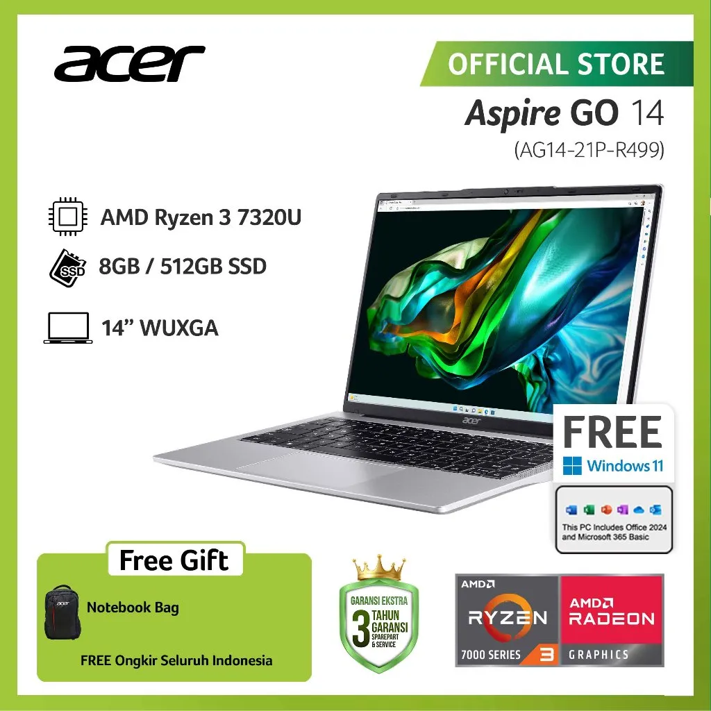 ACER LAPTOP ASPIRE GO AG14-21P-R499 AMD RYZEN 3 7320U AMD RADEON GRAPHICS RAM 8GB STORAGE 512GB SSD 14 INCH WUXGA WINDOWS 11