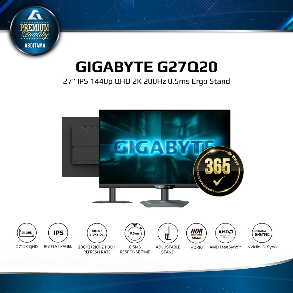 GIGABYTE G27Q20 27" IPS QHD 1440p 200Hz 0.5ms 94% DCI-P3 HDR10 HDMI2.0x2 DP1.4x1 FreeSync