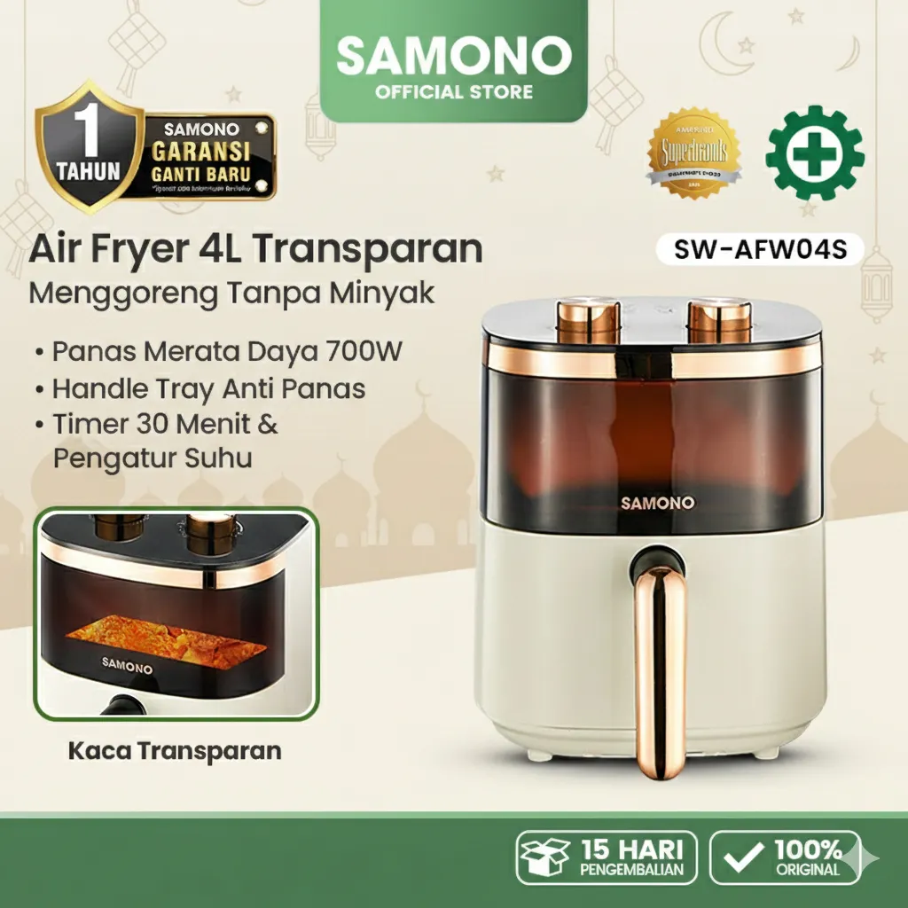 SAMONO Air Fryer 4 Liter Kaca Transparan Low Watt 700W Penggoreng Tanpa Minyak Low Fat Health Fryer Aesthetic Putih Gold Garansi Resmi 1 Tahun Hadiah Pernikahan Wedding Gift Aesthetic Kado Teman Sahabat Elegan AFW04S