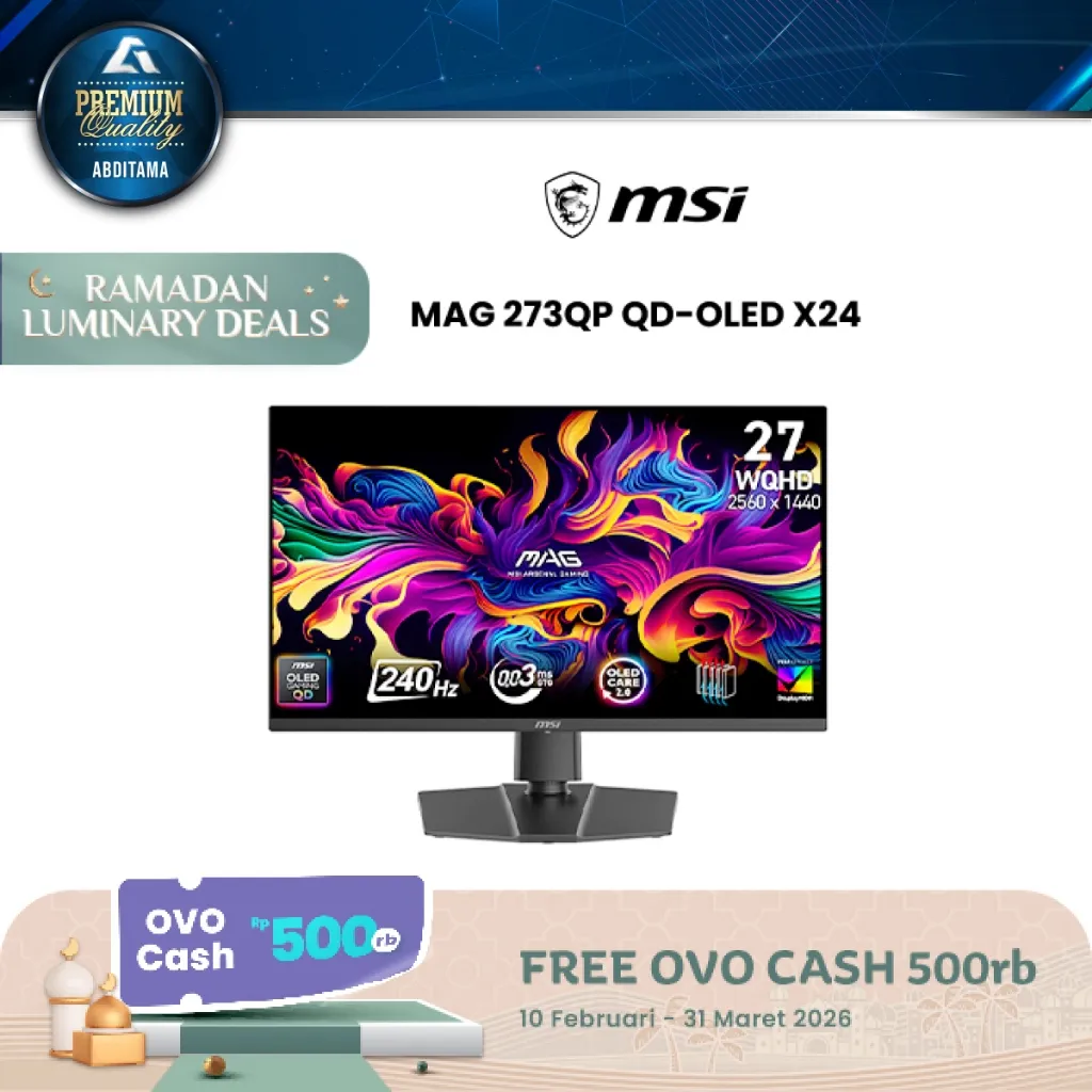 Monitor OLED MSI MAG 273QP QD-OLED X24 27" QD-OLED 1440p QHD 2K 240Hz 0.03ms HDMI 2.1x2 DP1.4ax1 Ergonomic Stand VESA certification for ClearMR 13000 and DisplayHDR True Black 400 ensures exceptionally vivid images and mitigates motion blur