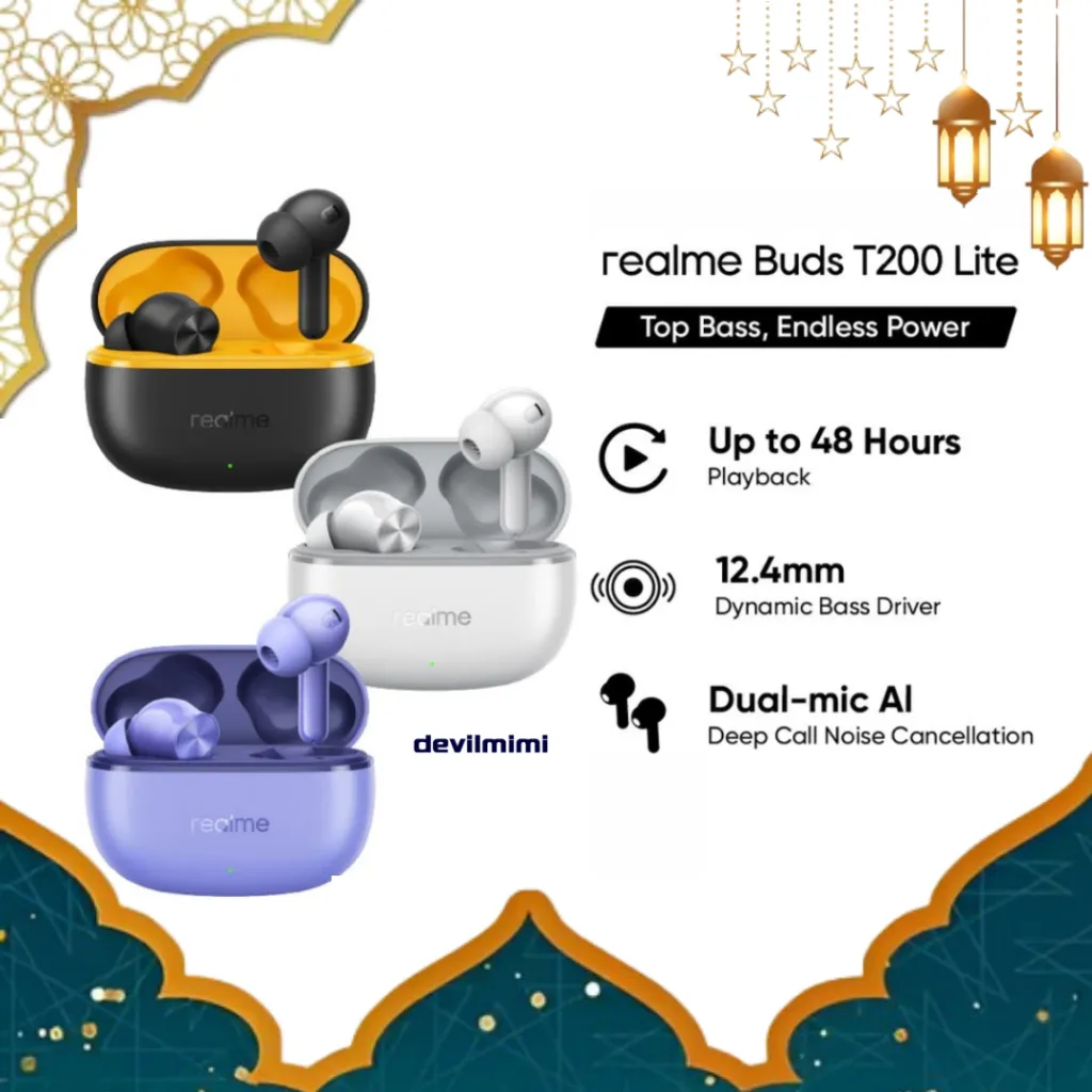 devilmimi realme ear Buds T200 Lite IPX4 Water Resistance | 12.4mm Dynamic Bass Ultra-low Latency