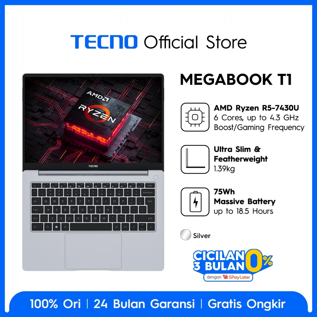 TECNO MEGABOOK T1 R5 - 16GB+512GB, AMD Ryzen 5-7430U, 100%SRGB Display, 75Wh Battery, 65W Type-C GaN PD Fast Charge , DTS X Ultra Immersive Sound, Windows 11, 14inch, Garansi 24 Bulan
