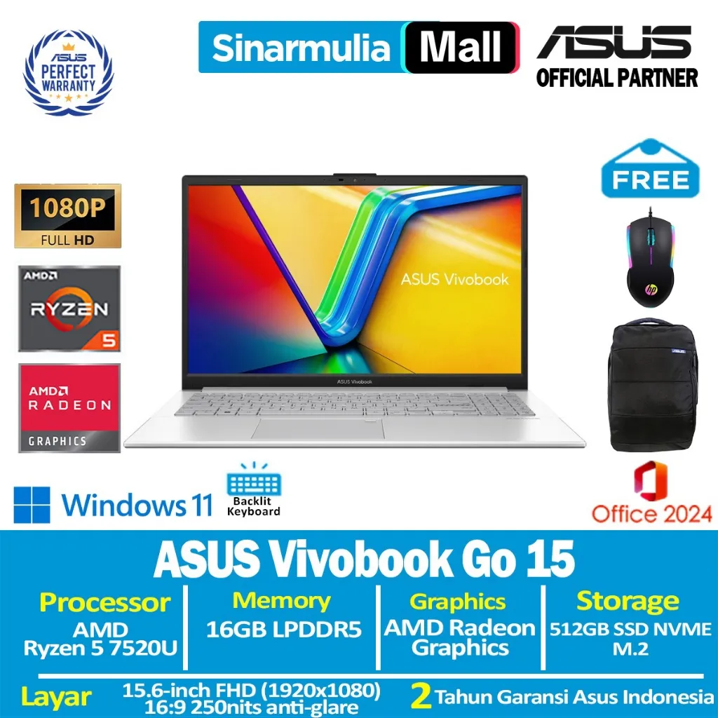 ASUS Vivobook Go 15 E1504FA Ryzen 5 7520U 512GB SSD 16GB FHD IPS Win11+OHS