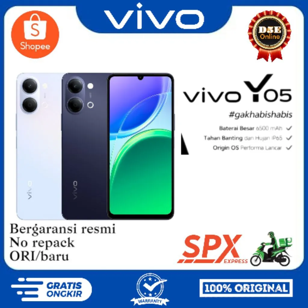 Vivo Y05 6500mAh, IP65 tahan percikan air, bergaransi resmi