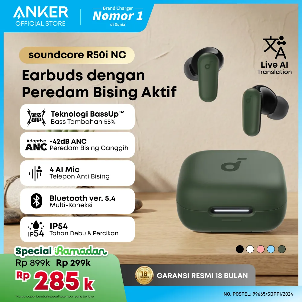 (NEW LAUNCH) Soundcore by Anker R50i NC Earbuds Adaptive Noise Canceling Headset Wireless Earphone Bluetooth 5.4 TWS Low Latency for Game Long Battery 4 Mics IP54 - A3959