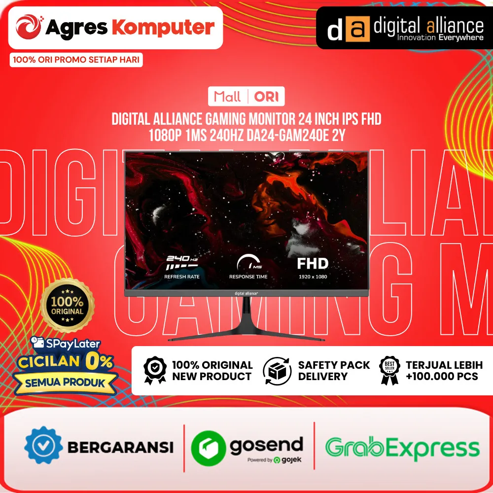 [FREE COOLER PAD] DIGITAL ALLIANCE GAMING MONITOR 24 INCH IPS FHD 1080P 1MS 240HZ DA24-GAM240E 2Y