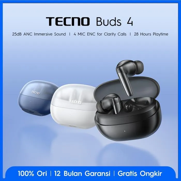 TECNO TWS Buds 4 - 28 Hours Battery Life, Dual Mic ENC, ANC Noise Cancellation, Ergonomic Design