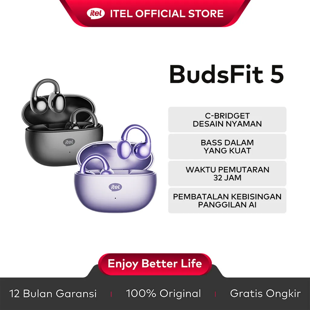 Official itel BudsFit 5 Open-Ear TWS Bluetooth 5.4 Design C-Brigde Deep Bass 12mm, 32 Jam Playtime, IP54 Sport Earbuds AI Noise Cancelling, Pengisian Daya Cepat - Starry Purple - GREY