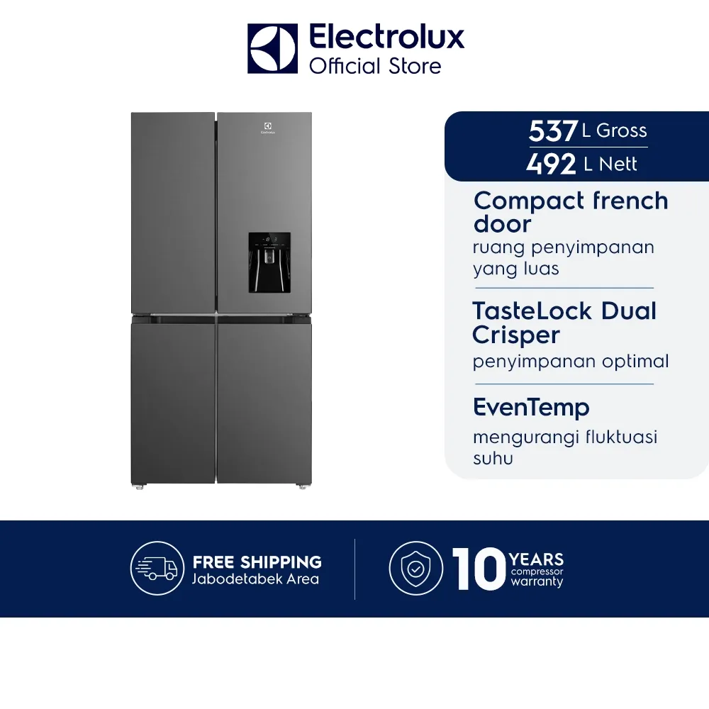 Electrolux Kulkas Multidoor 4 Pintu 537 Liter - No Frost - Inverter - Water Dispenser - Menjaga Buah & Sayur Segar Lebih Lama - Dual Crisper - EvenTemp - Warna Hitam Matte Garansi 10 Tahun Kompresor - EQE4960A-B