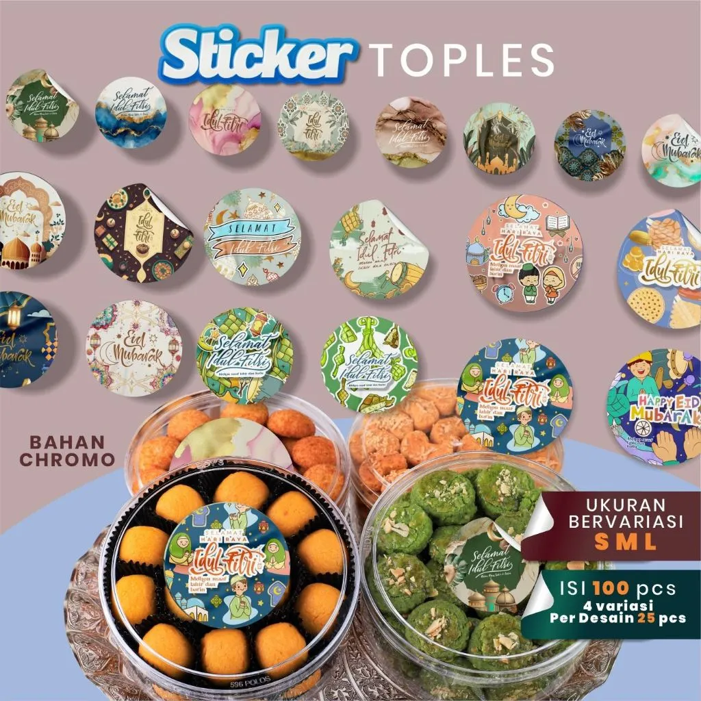 STIKER IDUL FITRI | ISI 100PCS | STIKER TOPLES | STIKER KUE KERING | STIKER CROMO | UK S M L